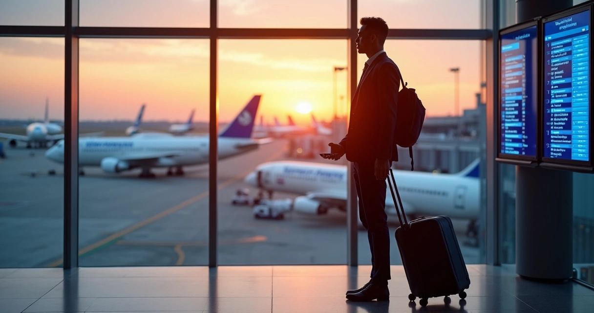 Profissional em pé em aeroporto observando painéis de voos internacionais 