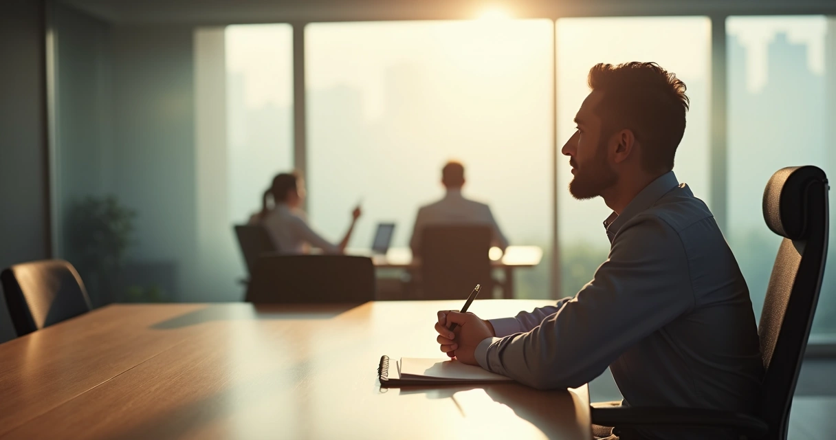Homem em sala de reuniões, olhando para fora da janela com semblante pensativo, sentado sozinho com bloco de notas na mesa. 