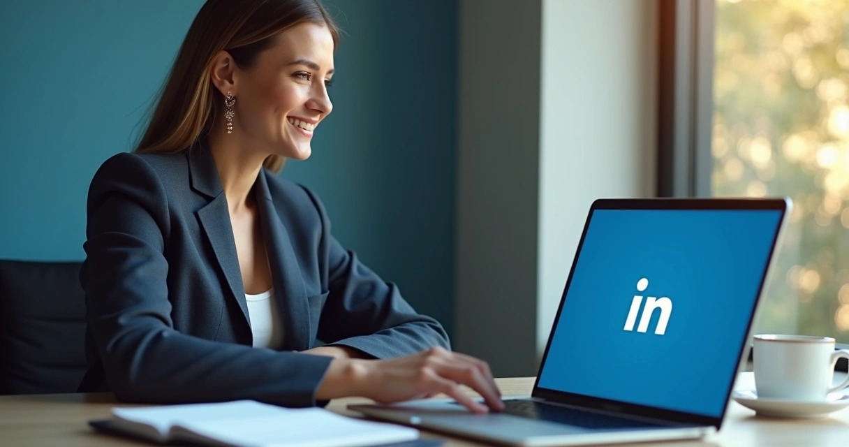 Pessoa de negócios usando LinkedIn com expressão de segurança 