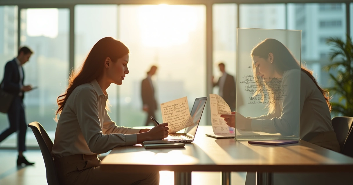 Profissional em ambiente corporativo escrevendo nova versão de sua história pessoal 