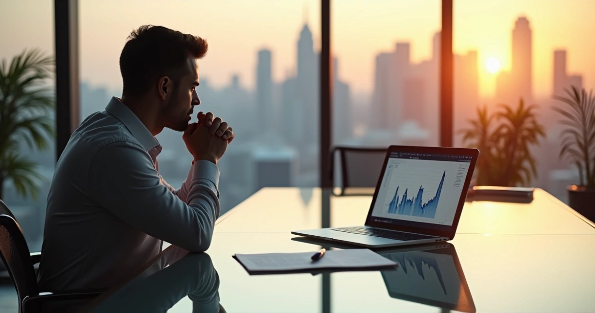Profissional em sala de reunião vazia refletindo após promoção no trabalho 