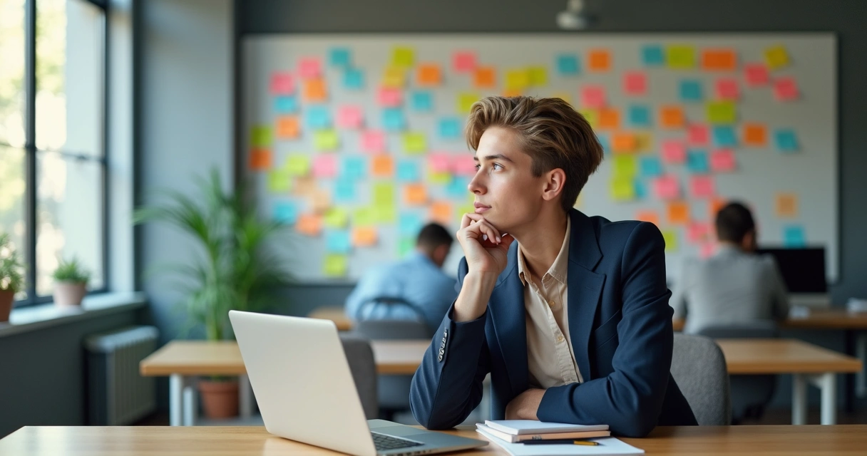Profissional em escritório olhando para vários post-its tentando organizar o autoconhecimento 