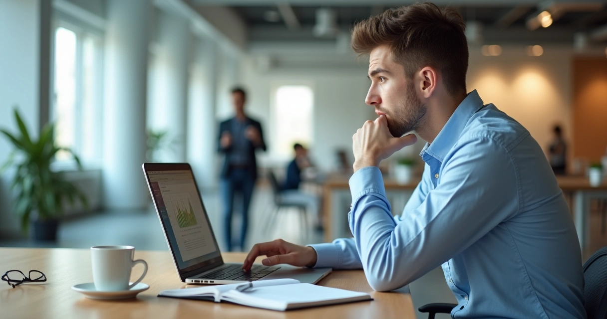 Profissional em escritório refletindo diante do computador com expressão de autoconsciência 