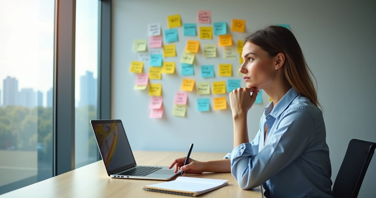 Profissional sentado em frente ao notebook refletindo com post-its de crenças limitantes na parede 