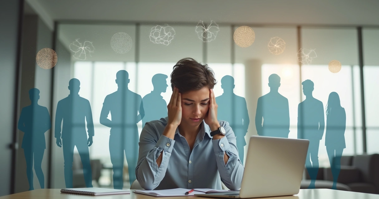 Profissional pensativo em escritório com silhuetas sobrepostas representando dores internas 