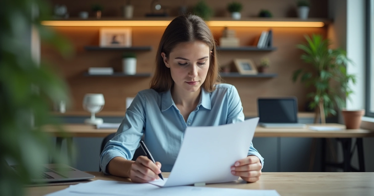 Profissional sentado à mesa com expressão pensativa, analisando relatório escrito em ambiente de escritório moderno