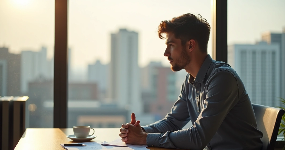 Pessoa refletindo em frente a uma janela no escritório 