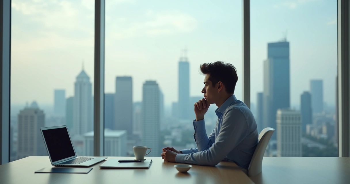 Profissional sentado em escritório moderno olhando pela janela em reflexão 