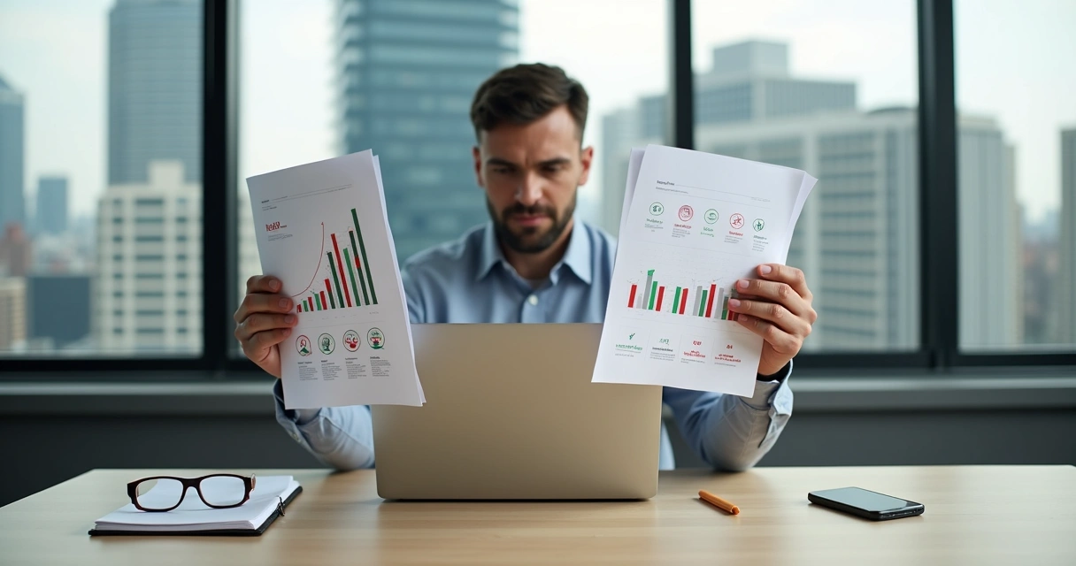 Profissional sentado à mesa de trabalho olhando para dois documentos conflitantes 