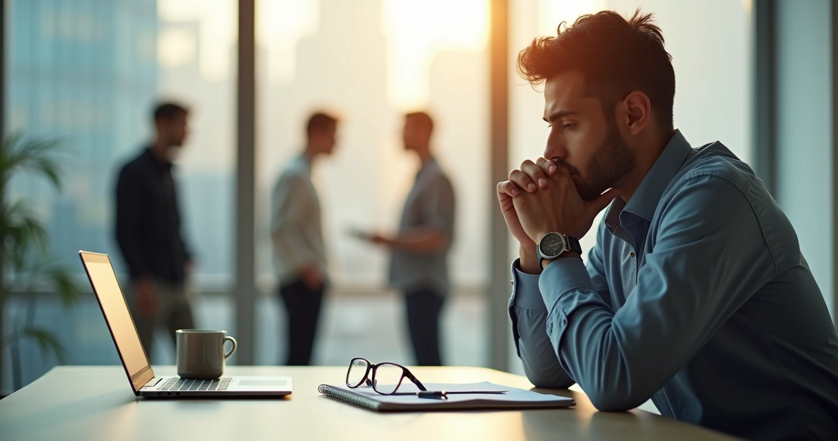 Profissional sentado em escritório refletindo antes de tomar decisão importante 