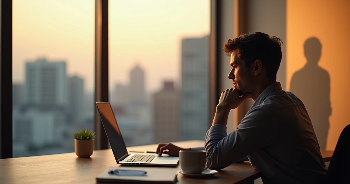 Pessoa adulta olhando pela janela refletindo sobre escolhas profissionais 