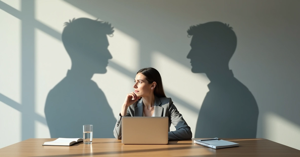 Profissional sentado em mesa de escritório refletindo com duas silhuetas opostas projetadas na parede 