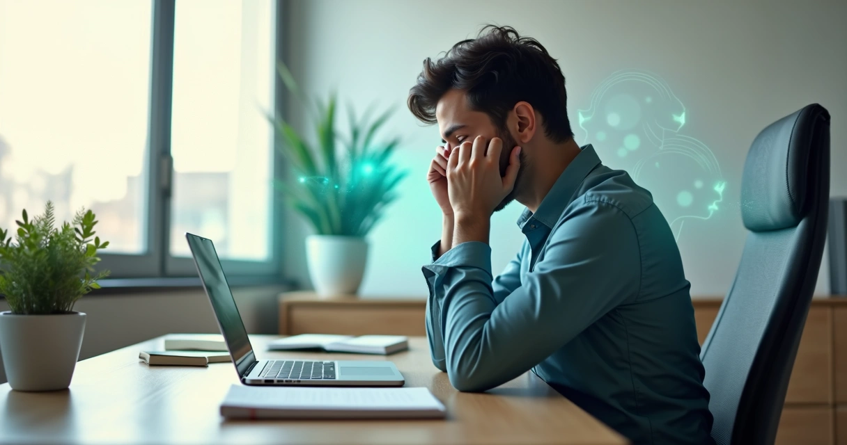 Profissional sentado em escritório moderno refletindo com silhuetas de pensamentos ao fundo 