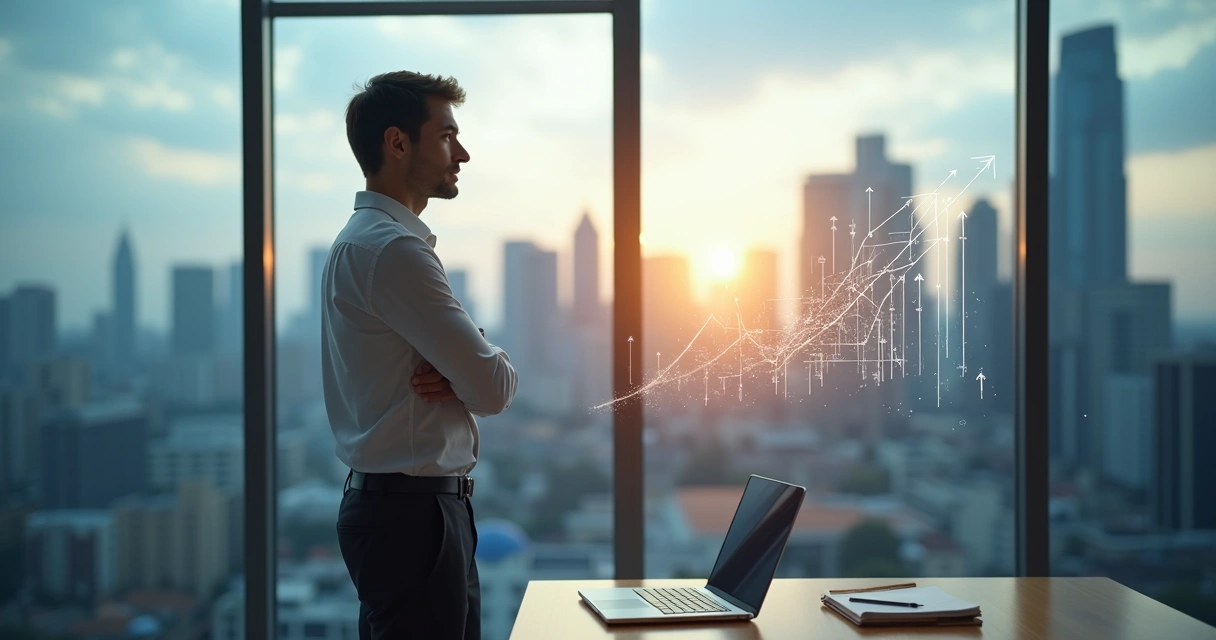 Profissional olhando pela janela refletindo sobre padrões mentais 