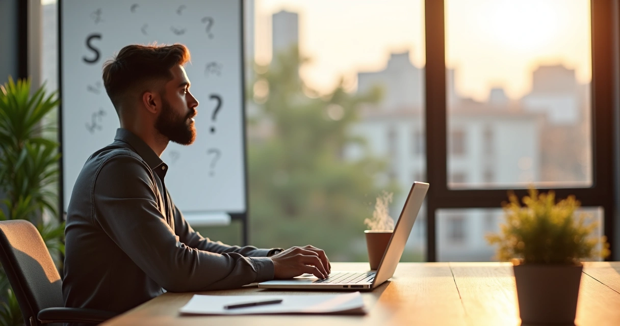 Pessoa em escritório olhando pela janela refletindo sobre propósito profissional 