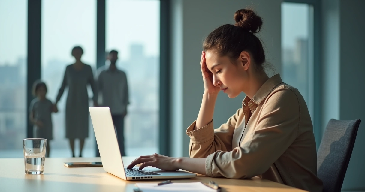 Profissional sentado à mesa de trabalho refletindo com silhueta de família ao fundo 