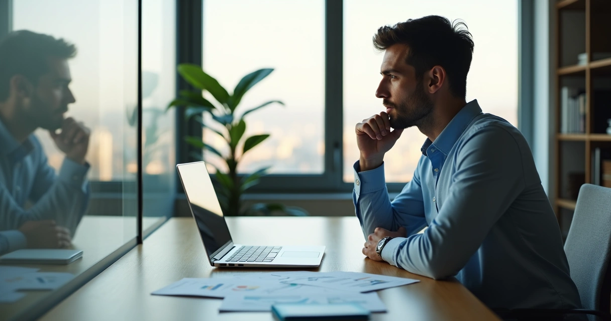 Profissional sentado à mesa de trabalho olhando gráficos enquanto reflete sobre decisões 
