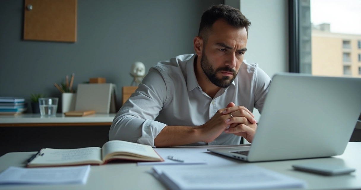 Profissional em reflexão diante de anotações no escritório 
