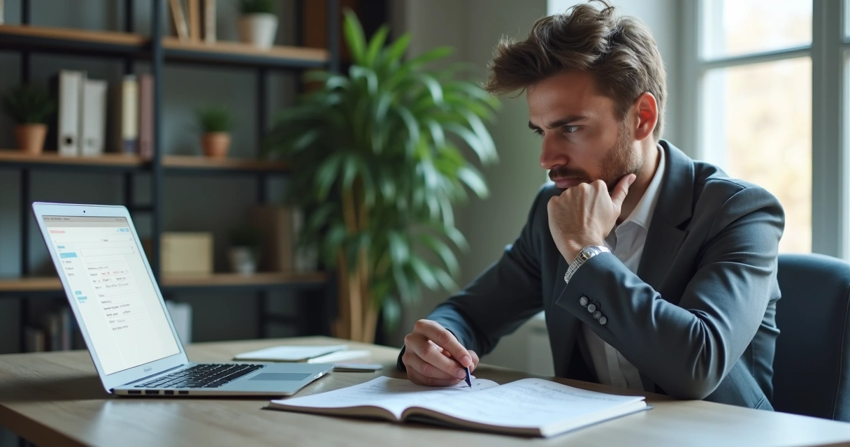 Profissional em reflexão diante de anotações no escritório
