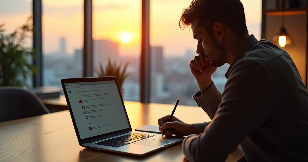 Pessoa em escritório olhando pela janela em postura reflexiva durante o trabalho 