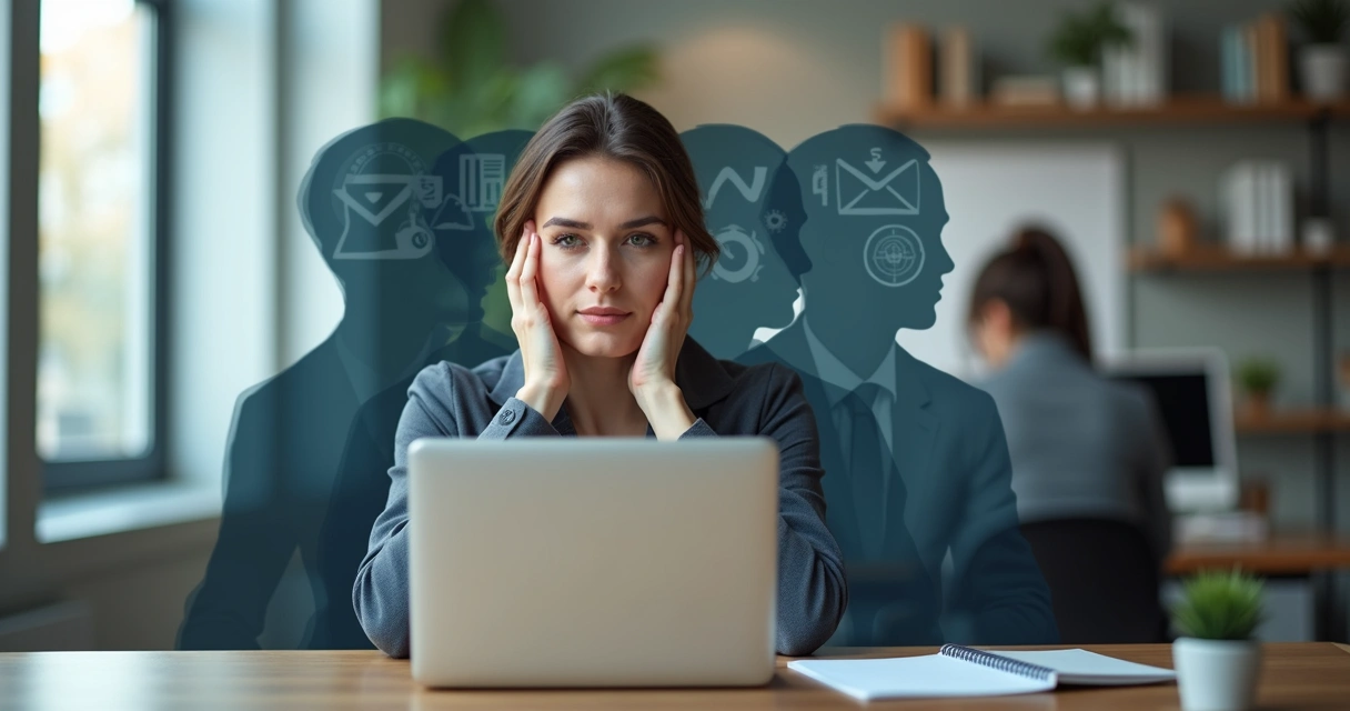 Profissional sentado em mesa de escritório refletindo com silhuetas sobrepostas na mente 