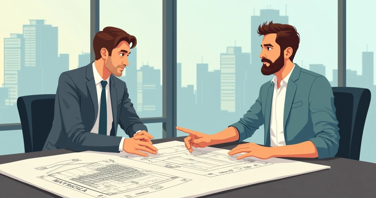 Arquitetos segurando planta e documento de matrícula de imóvel 