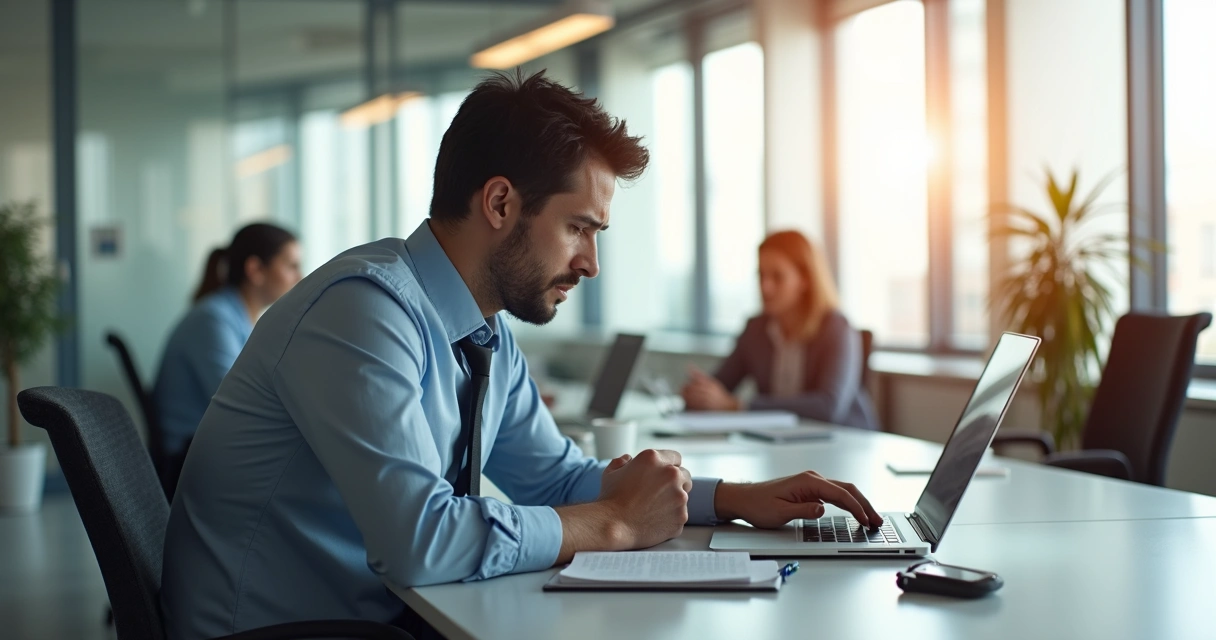 Profissional em escritório segurando emoções reprimidas diante do computador 