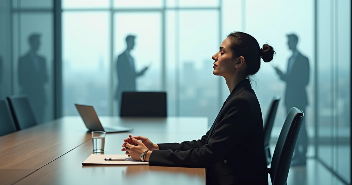 Profissional sentado respirando fundo antes de reunião importante 