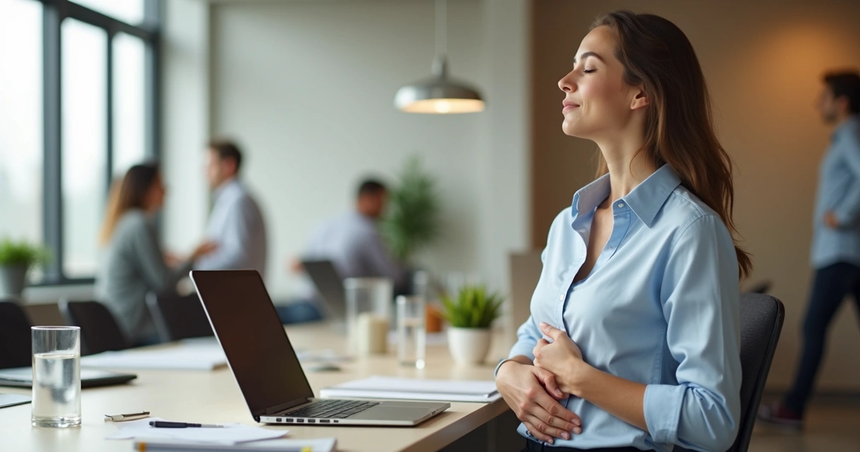 Profissional sentado no escritório praticando respiração profunda e autorregulação emocional 