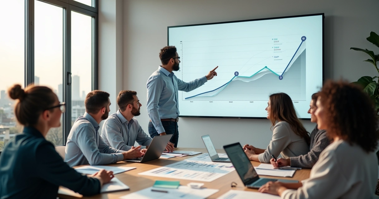 Profissional em escritório analisando gráficos de crescimento sustentável em equipe 