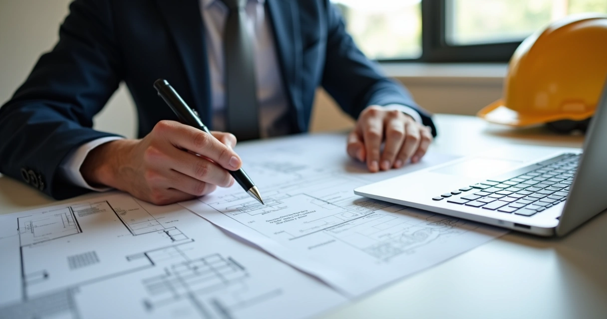 Profissional conferindo documentos de obra civil em mesa com computador e plantas 