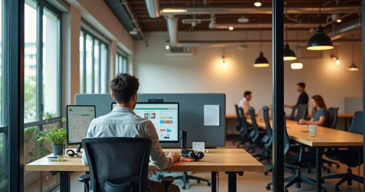 Profissional trabalhando em sala privativa envidraçada com coworking ao fundo 