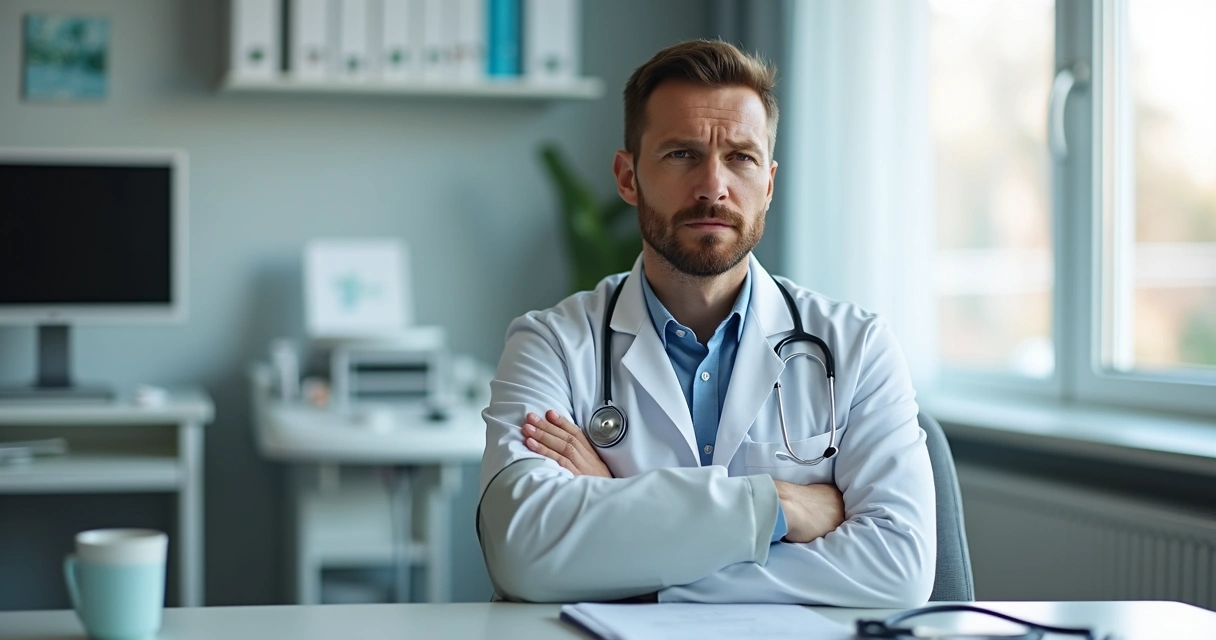 Médico sentado em consultório com braço imobilizado e expressão preocupada