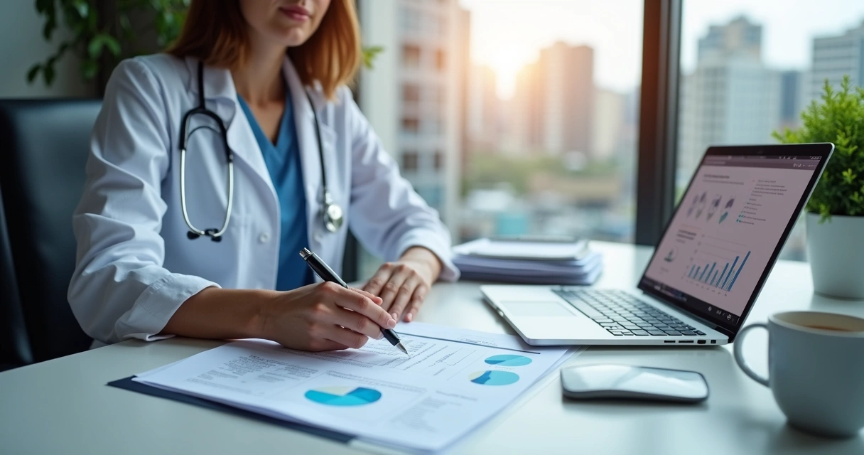 Profissional de saúde analisando apólice de seguro 