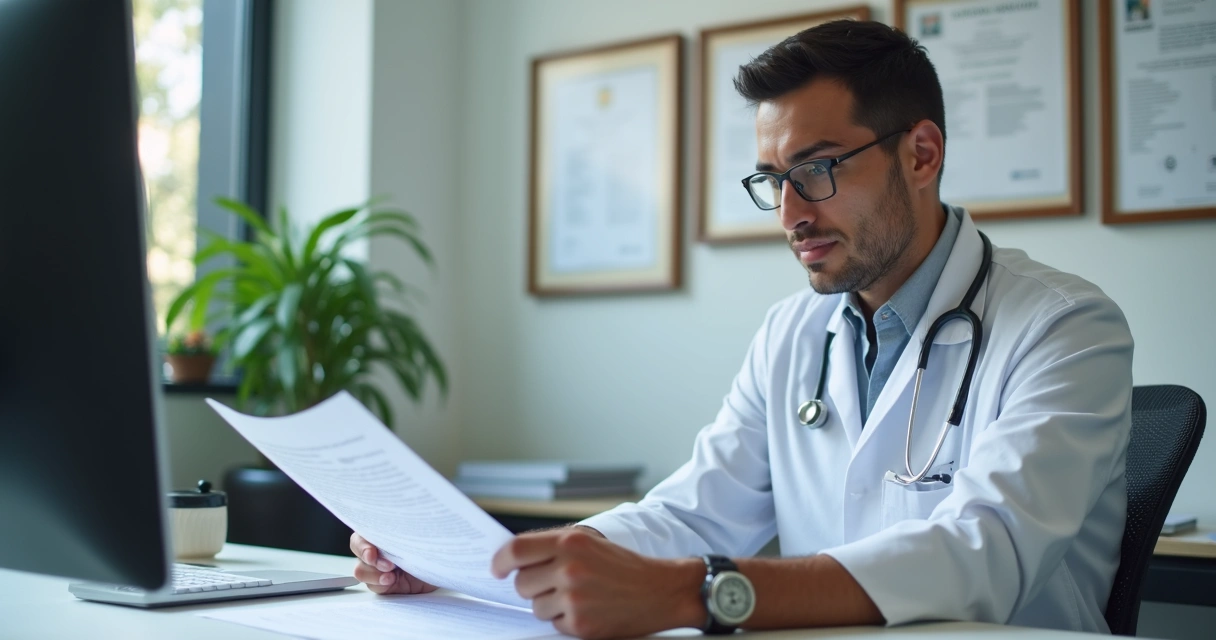 Profissional da saúde lendo atento apólice de seguro no escritório da clínica 