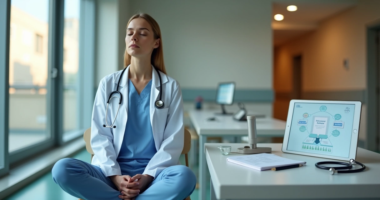 Profissional da saúde sentado em sala de hospital praticando autoconsciência e meditação 