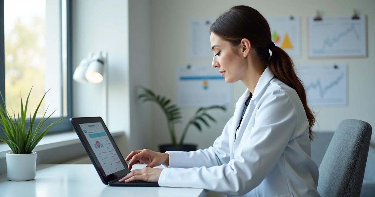 Profissional de saúde preenchendo nota fiscal em tablet 