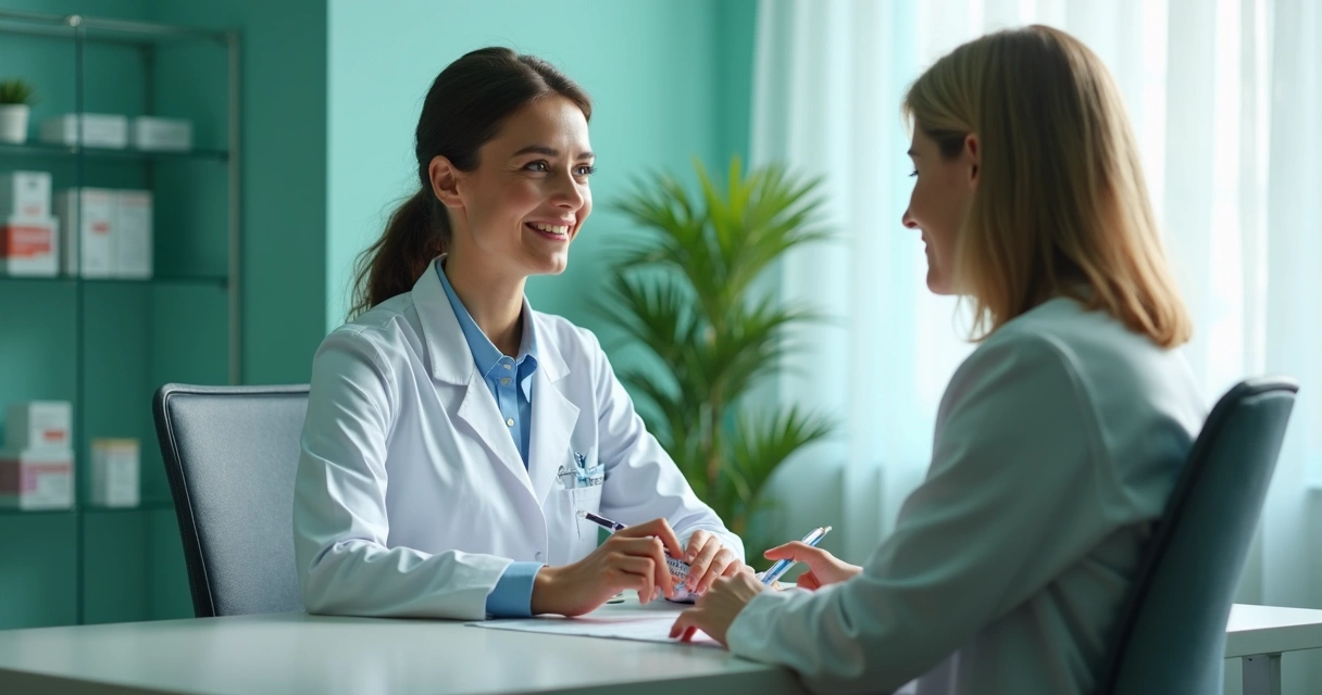 Profissional de saúde orientando paciente sobre uso de medicamentos em ambiente clínico 
