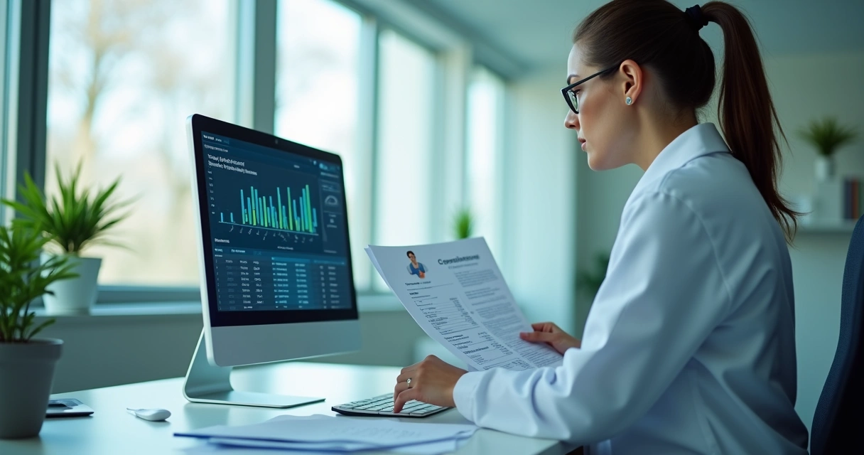 Contadora digital analisa documentos de saúde na mesa 