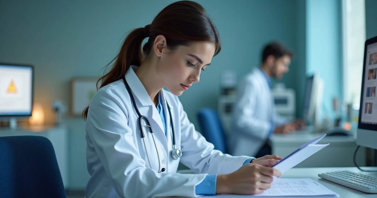 Profissional da saúde em alerta analisando documentação médica 