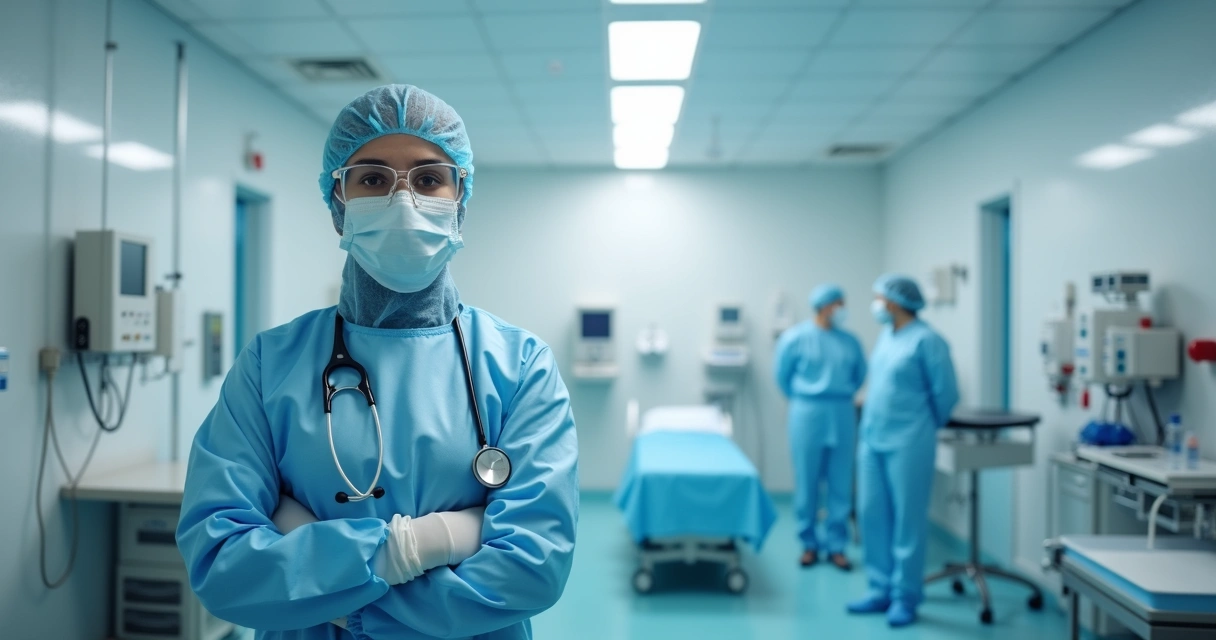 Profissional de saúde vestido com equipamento de proteção individual 