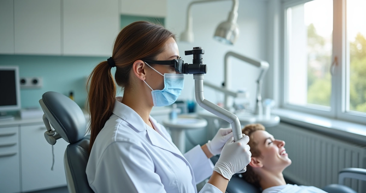 Dentista usando lupa binocular com postura correta em consultório 