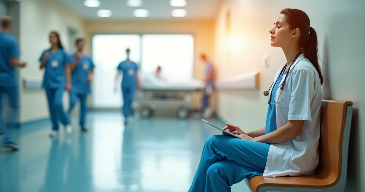 Profissional da saúde em corredor de hospital fazendo pausa de mindfulness 