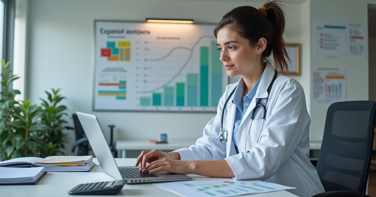 Profissional de saúde analisando gráficos e planejando expansão do consultório 