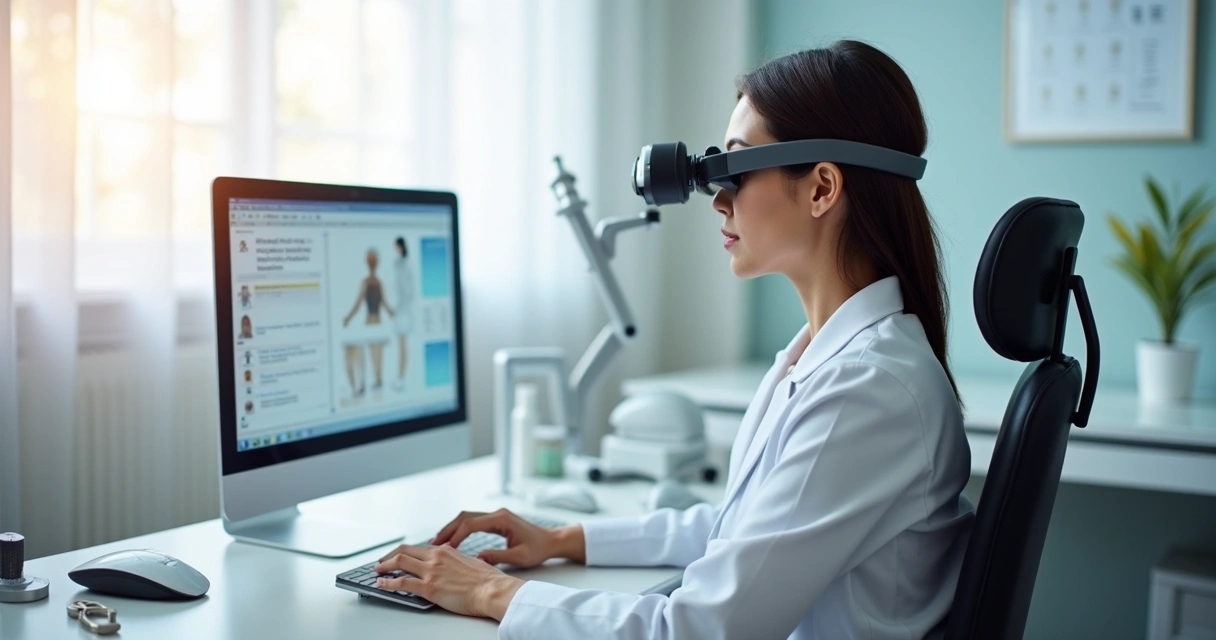 Profissional da saúde sentado com postura correta usando lupa binocular em consultório 