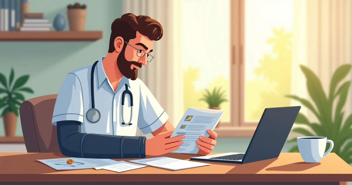 Médico autônomo sentado em casa, braço imobilizado, analisando planilhas. 