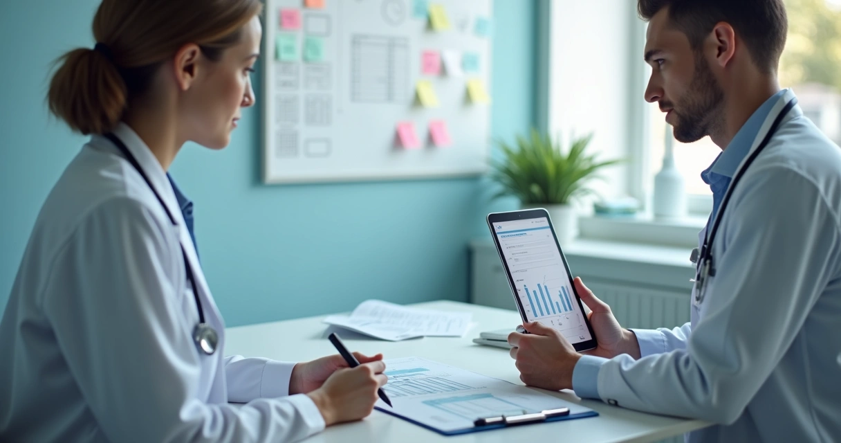 Profissional de saúde mostrando opções de tratamento em tablet para paciente em consultório moderno 