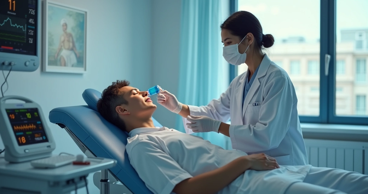 Médico administrando sedação consciente com máscara de óxido nitroso em paciente deitado em ambiente clínico moderno 