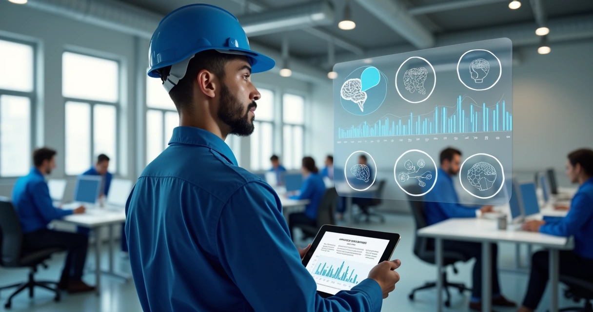 Técnico de segurança do trabalho analisando ambiente corporativo com indicadores de saúde mental no local 