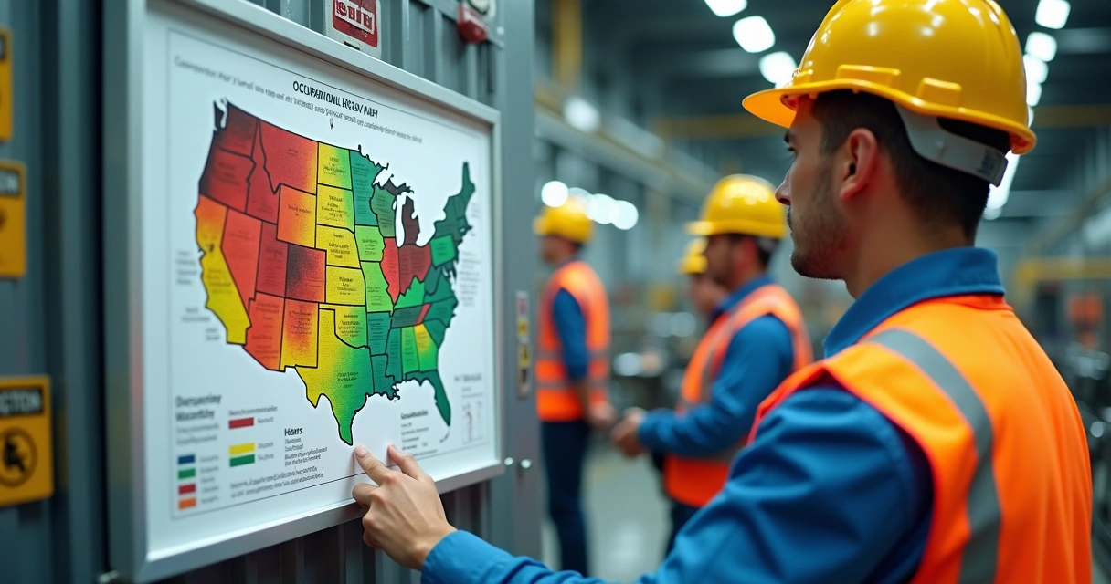Profissional de segurança do trabalho analisando mapa de riscos colorido em ambiente industrial 